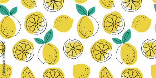 A seamless pattern of bright yellow lemons with green leaves