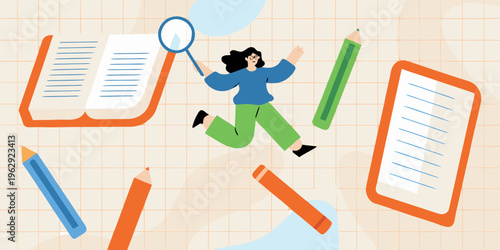 A young woman celebrates learning surrounded by books and stationery