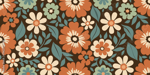 A repeating floral pattern featuring orange teal and cream blossoms