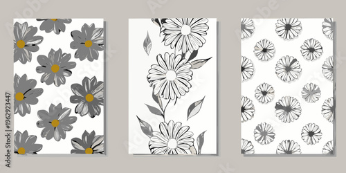 Three vertical panels displaying sketched daisy flower patterns in grayscale