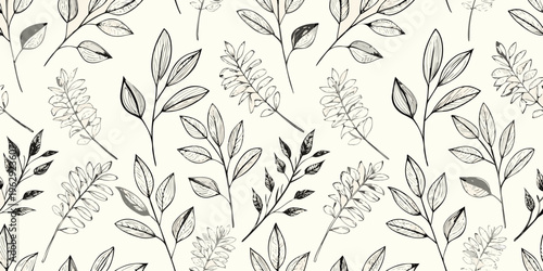 Delicate botanical illustration featuring various leafy branches and stems