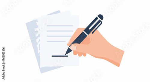 Hand holding pen signing document or writing on paper sheets