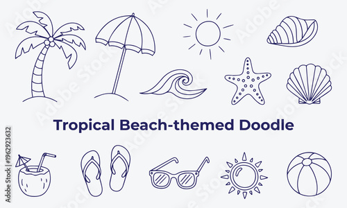 Minimalist summer vacation doodle icons collection with tropical island, beach umbrella, sun, wave, starfish, seashell, coconut drink, flip-flops, sunglasses, beach ball.