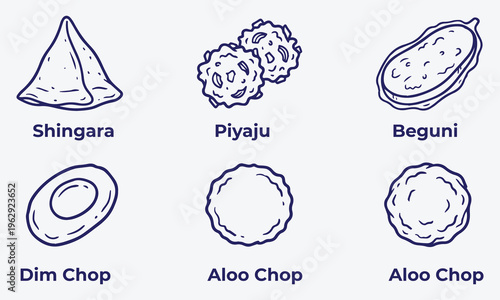 Traditional bengali snacks set including shingara piyaju beguni dim chop and aloo chop isolated on white background hand drawn doodle illustrations with text labels for asian food street menu.