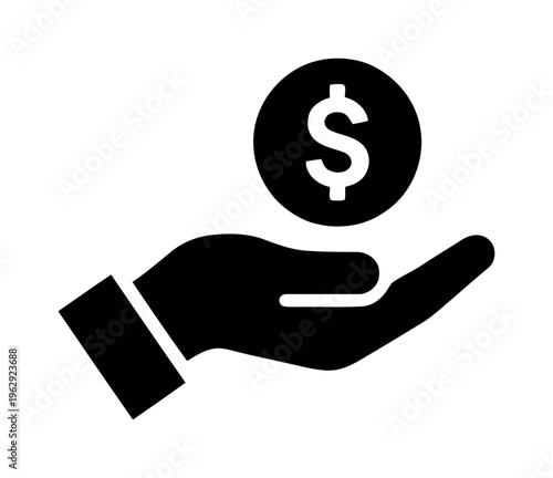 Hand holding dollar coin icon representing financial support and investment | black minimalist silhouette for business and donation concepts