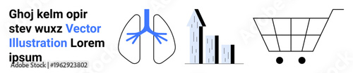 Medical , business analytics, online shopping, healthcare, economic growth, retail trends. Lungs diagram, bar chart with arrow upwards shopping cart. Healthcare and business analytics concept