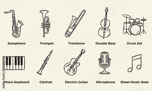Musical instruments collection with saxophone, trumpet, trombone, double bass, drum set, piano keyboard, clarinet, electric guitar, microphone, music note.