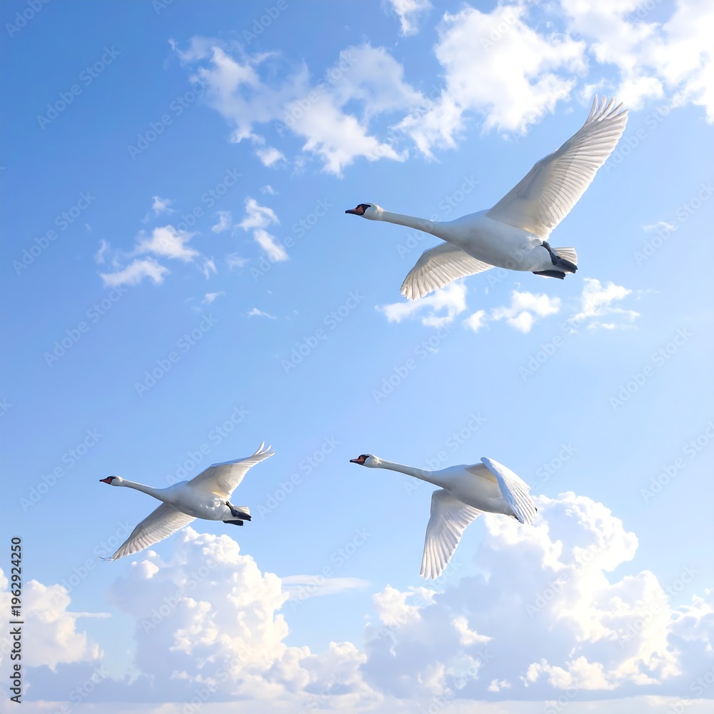 Fototapeta premium Three white swans flying in a blue sky with fluffy clouds