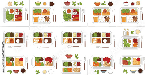 Healthy meal prep lunch boxes flat vector illustration balanced diet food containers with vegetables grains and protein meal planning set