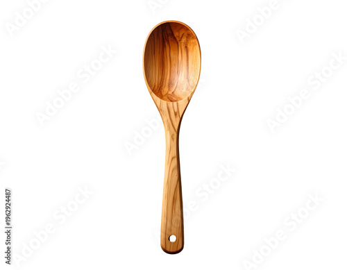 A single, elegant wooden spoon with a hanging hole