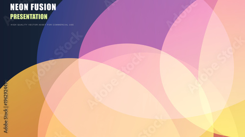 Neon fusion presentation background with colorful overlapping circles. Abstract geometric vector with vibrant pink, purple, and orange gradients. Modern corporate slide deck template.