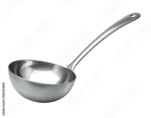 Polished metal soup ladle with curved handle on white