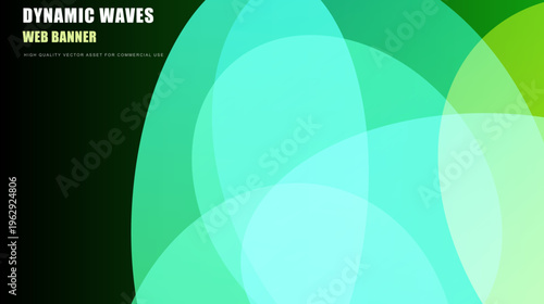 Dynamic waves web banner with green and turquoise overlapping circles, abstract geometric background for digital marketing, modern vector graphic with fluid shapes and copy space