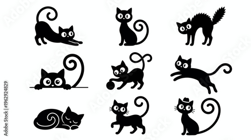 Set of minimalist black cat silhouettes in various playful poses and funny expressions on white background, concept for Halloween graphic design, creative pet stickers and nursery wall art decor