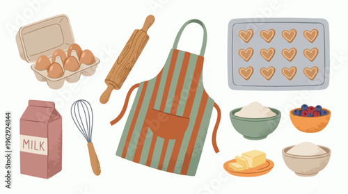 Flat illustration set of various baking tools and ingredients including apron whisk and heart cookies, concept for pastry recipe books, culinary education and homemade bakery marketing