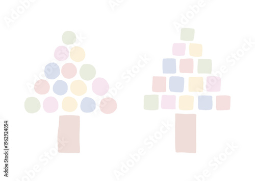 丸と四角形で構成されたカラフルな木の手描きイラストセット