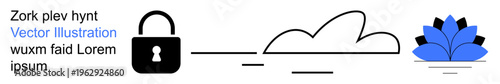 Security, data protection, cloud storage, online privacy, digital encryption, technology safety. Black lock, stylized cloud and blue lotus flower. Cybersecurity and data protection visuals