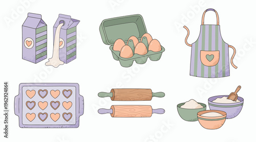 Collection of baking ingredients and kitchen tools including milk cartons, eggs, apron and rolling pins in pastel colors, concept for culinary recipe blog, pastry tutorial and bakery branding