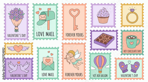 Set of colorful flat vector illustrations of Valentine postage stamps with romantic heart and cupid symbols, concept for greeting card design, social media campaign and digital scrapbooking