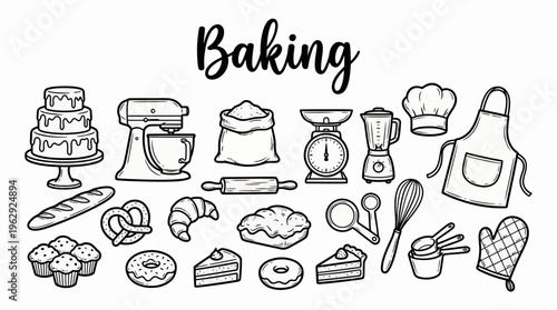 Collection of hand drawn baking tools and pastry icons including mixer, cake, bread and chef accessories on white background, concept for culinary education, bakery branding and cookbook illustration