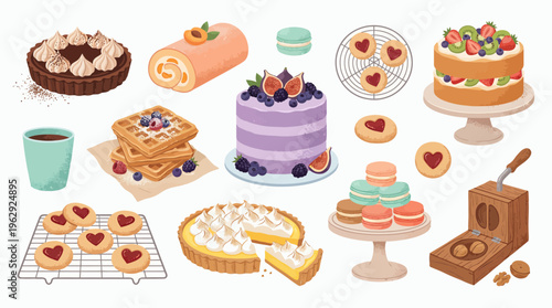 Variety of sweet dessert collection including cakes pastries tart waffles cookies and macarons on white background, concept for bakery menu design cafe promotion and patisserie advertisement