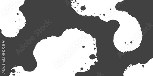 Abstract black and white background featuring a grunge ink splash pattern with vector paint splatters, liquid drips, and artistic blot elements for a textured silhouette design