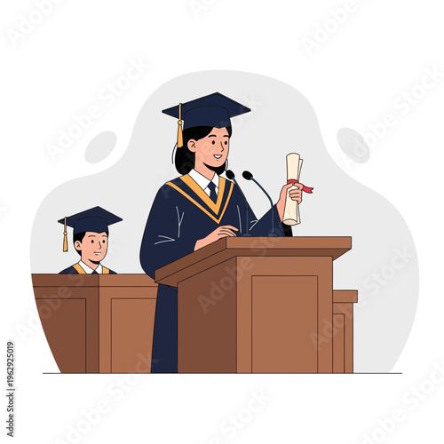 A graduate student presents a speech holding a diploma at a commencement ceremony with a fellow student visible behind