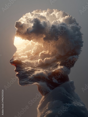 cloudy human head with sunset background, creative conceptual portrait