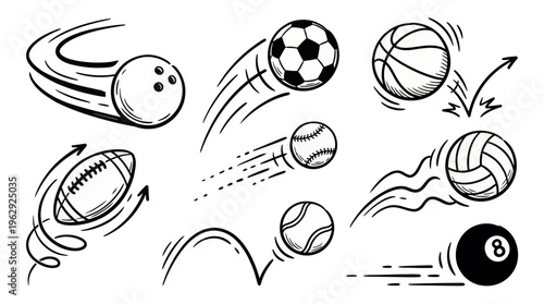 Collection of hand drawn sports balls with motion lines in black and white sketch style, concept for athletic competition graphic, sports logo design and physical education branding