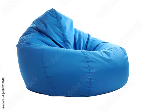 A plush, bright blue, oversized beanbag chair rests on a white background