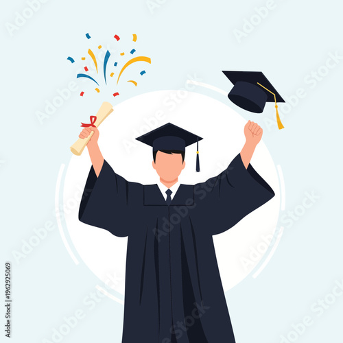 Excited graduate in cap and gown holding diploma with confetti and a tossed cap