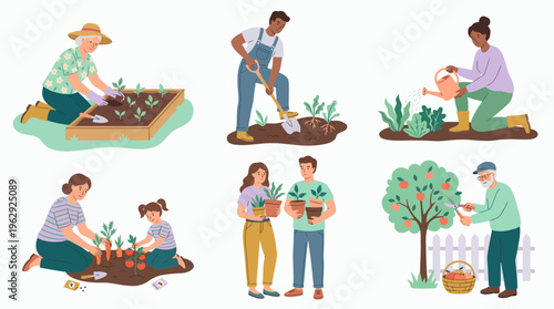 Expert horticulturists and local farmers performing various gardening activities like planting crops on white background, concept for urban farming, backyard gardening and eco lifestyle