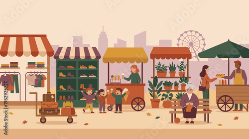 Illustration of retail merchants and shoppers at outdoor street market stalls with clothing shoe ice cream and plant vendors, concept for local business, urban lifestyle and community event
