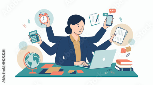 Female executive project manager with multiple arms multitasking using laptop, calculator and smartphone at office desk, concept for time management, productivity and business workflow