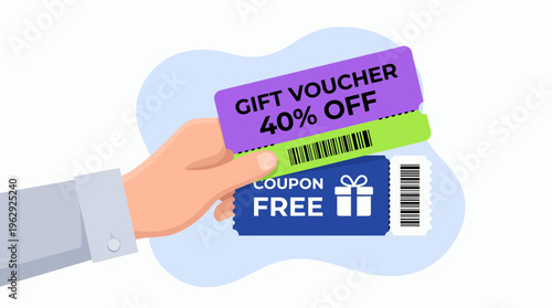 Marketing manager hand holding gift voucher and free discount coupon with barcode against blue background, concept for sales promotion, retail advertising and customer loyalty program