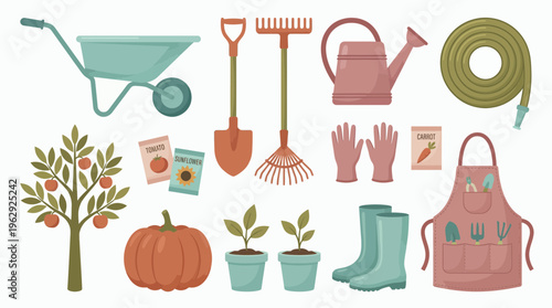 Flat vector illustration set of gardening equipment with shovel rake watering can seedlings wheelbarrow and boots, concept for organic farming, garden nursery and agricultural web design