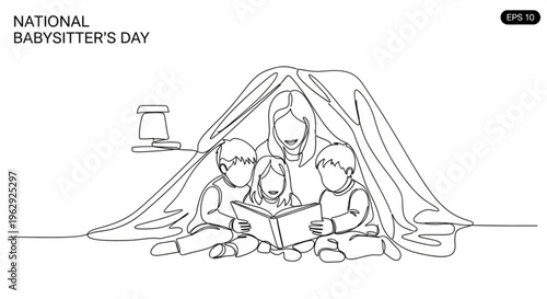 Babysitter and kids reading in tent on national babysitter's day with a lamp