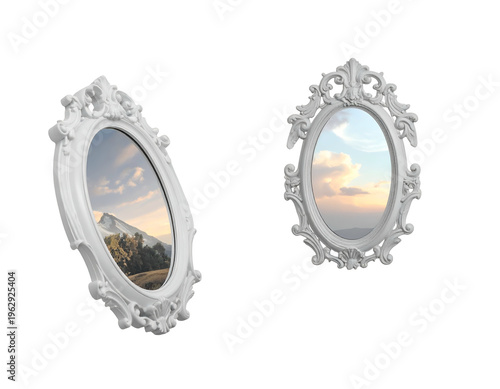 Ornate oval frames reflect serene mountain and cloudscapes
