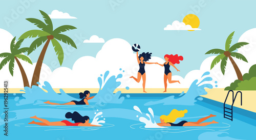 Group of active people enjoying a sunny day at a tropical swimming pool surrounded by palm trees and white clouds in a bright vector style.