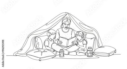Mother reading to children in cozy indoor tent with pillows and blankets family bonding and storytelling