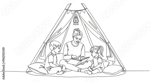 Family camping together sitting in tent reading a book enjoying quality time outdoors adventure bonding parenthood travel exploration