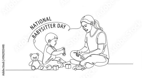 Woman babysitter and child playing with blocks on floor with teddy bear on national babysitter day