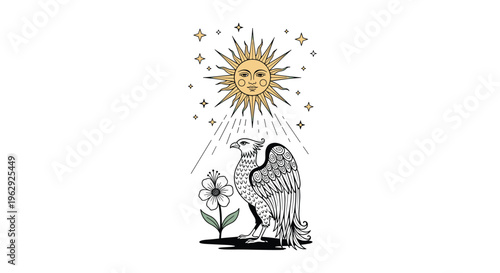 Mystical bird standing next to a delicate flower under a radiant sun and twinkling stars in a decorative black and white line art composition.