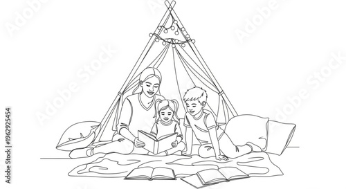 Family reading together in cozy tent with kids and parent enjoying books