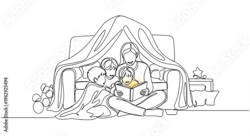 Family reading together under a blanket fort at home with children