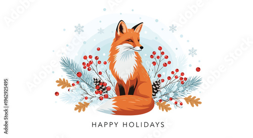 Charming red fox sitting among pine branches and red berries with happy holidays text in a winter scene with falling snow and snowflakes.
