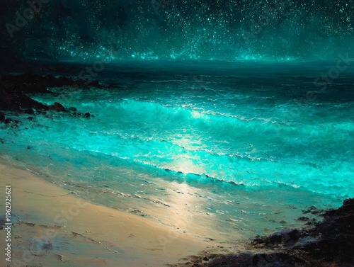 bioluminescent ocean waves on sandy beach at night