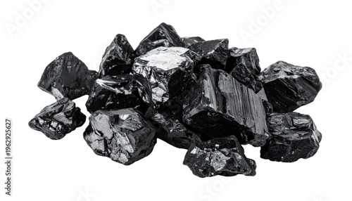 Pile Of Raw Black Coal Chunks With Shiny Jagged Surfaces Isolated On Transparent Background With Bright Studio Lighting