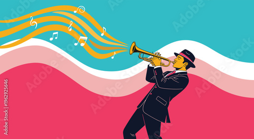Man in a stylish suit and hat playing the trumpet with golden musical waves and notes flowing across a vibrant pink and blue backdrop design.