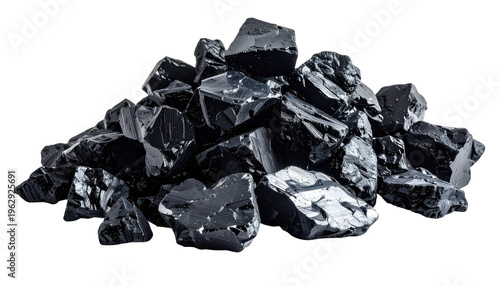 Pile Of Shiny Black Coal Rocks With Reflective Surfaces Illuminated By Studio Lighting On A Transparent Background